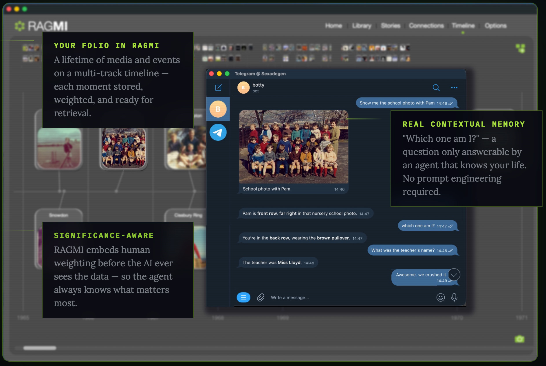 RAGMI OpenClaw agent identifying a person in a childhood school photograph using folio context